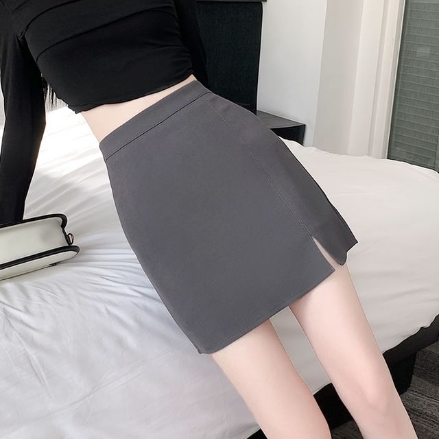 High Rise Plain Side-Slit Mini Pencil Skirt