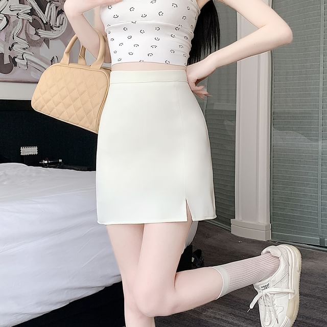 High Rise Plain Side-Slit Mini Pencil Skirt