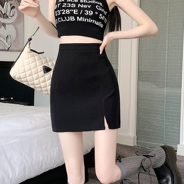 High Rise Plain Side-Slit Mini Pencil Skirt