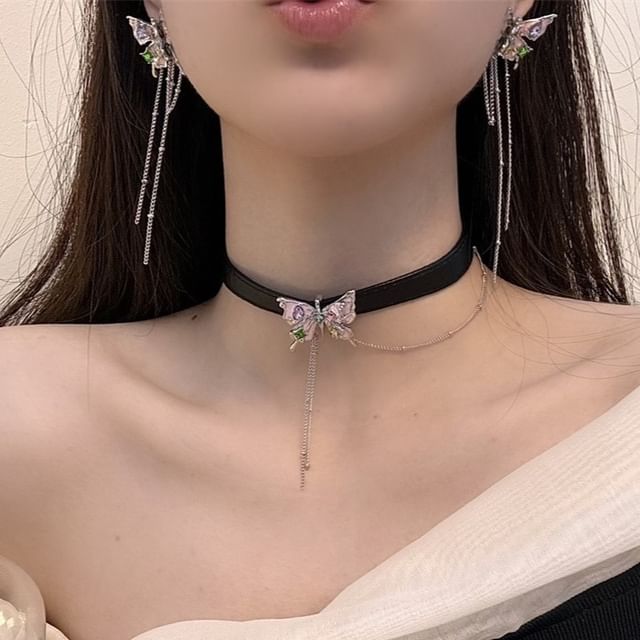 Choker Alloy Threader / Earring Faux Butterfly Leather