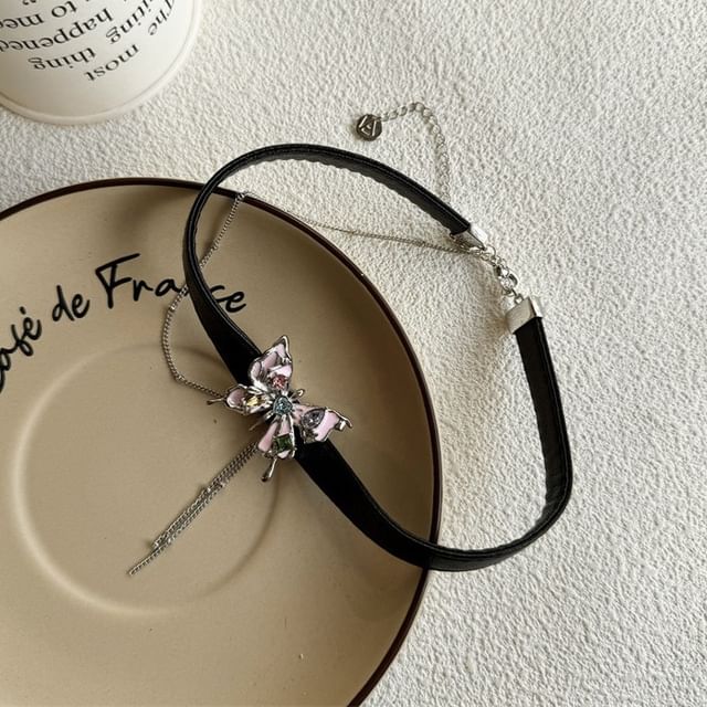 Choker Alloy Threader / Earring Faux Butterfly Leather
