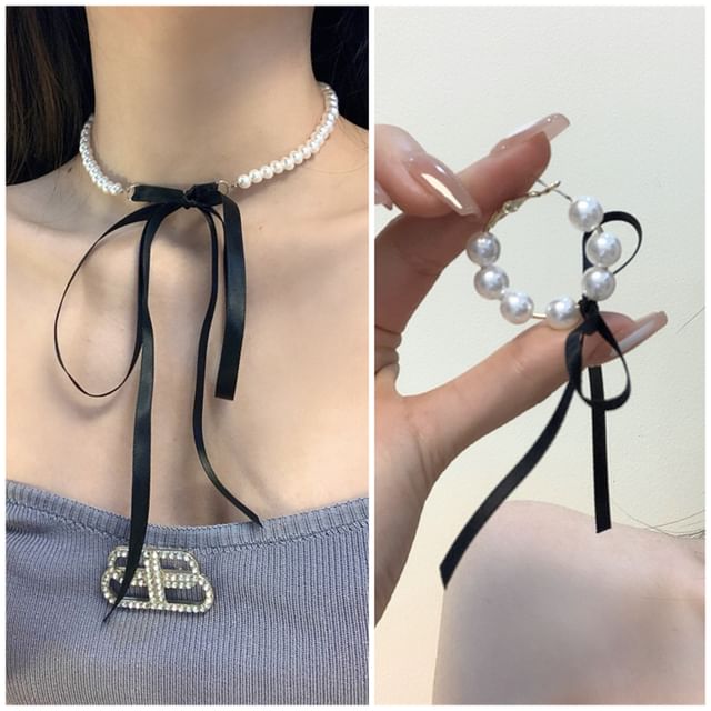 Faux Hoop / Choker Pearl Earring Bow
