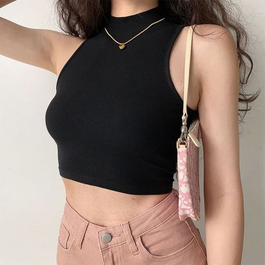 Crop Top Tank Plain Mock Neck
