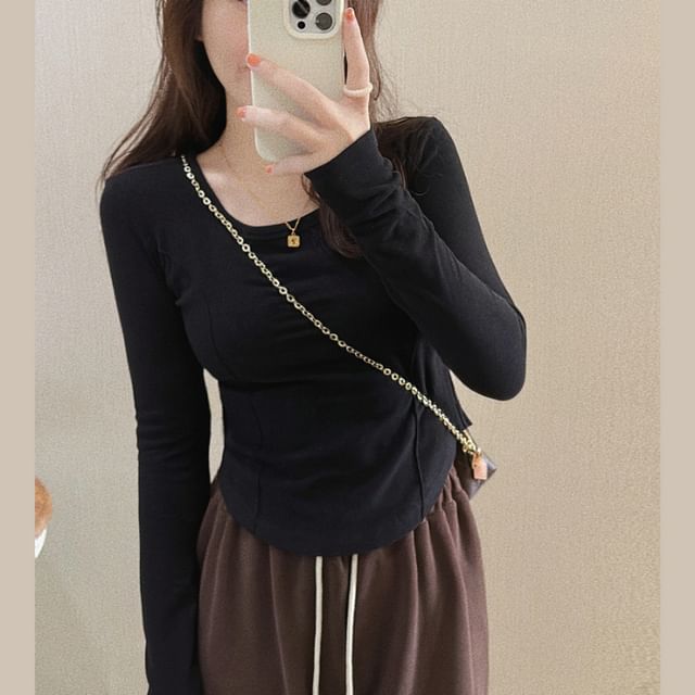 Long-Sleeve Asymmetrical Neck Scoop T-Shirt Plain