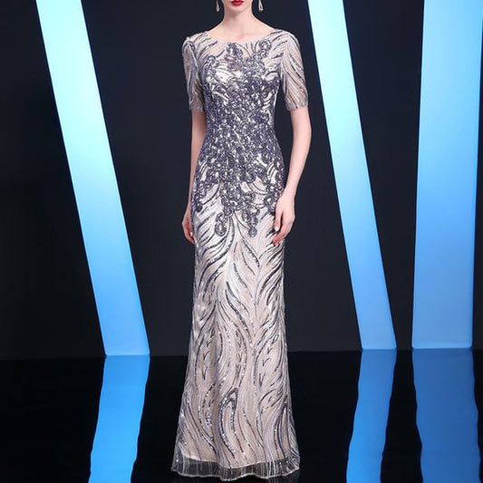 Short-Sleeve Round Neck Patterned Sequin Trumpet Evening Gown