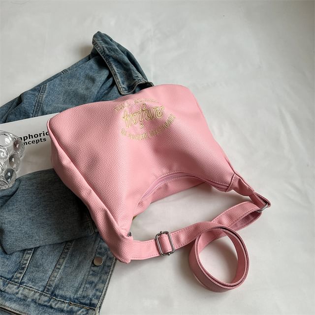 Lettering Embroidered Faux Leather Crossbody Bag / Bag Charm / Set