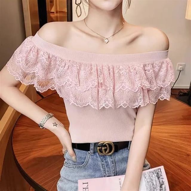 Off-Shoulder Lace Top Knit
