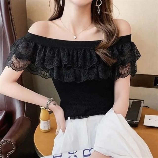 Off-Shoulder Lace Top Knit
