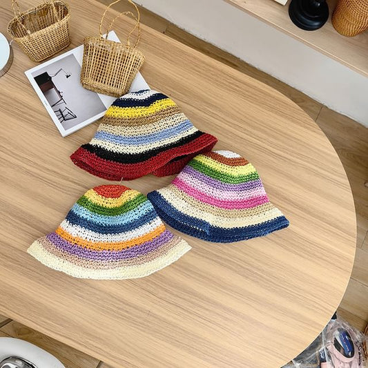 Striped Hat Straw Bucket