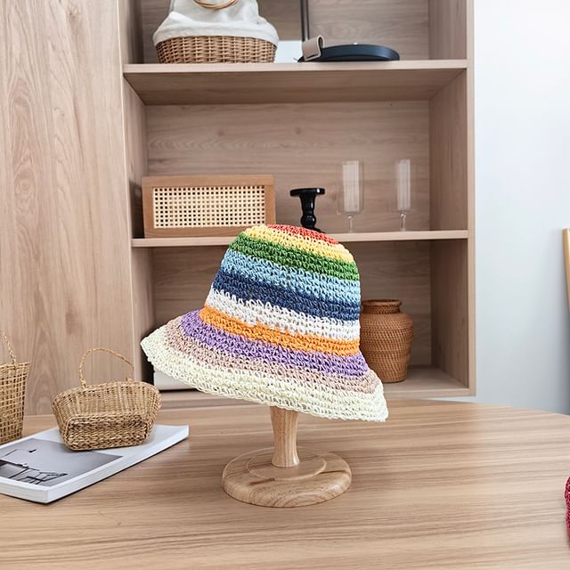 Striped Hat Straw Bucket