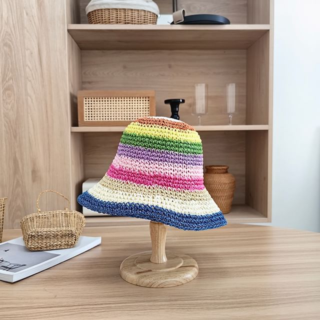 Striped Hat Straw Bucket