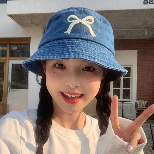 Bucket Bow Hat Embroidered Denim