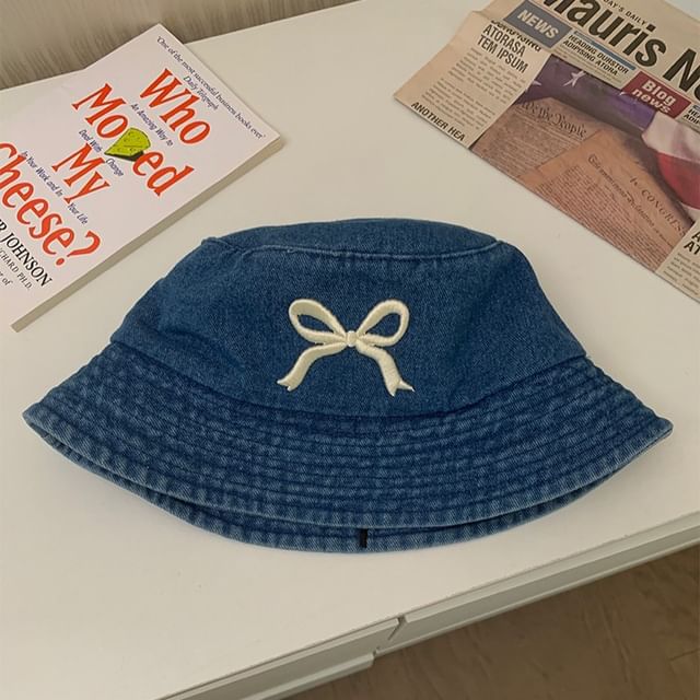Bucket Bow Hat Embroidered Denim