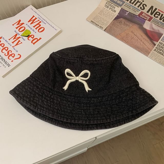 Bucket Bow Hat Embroidered Denim