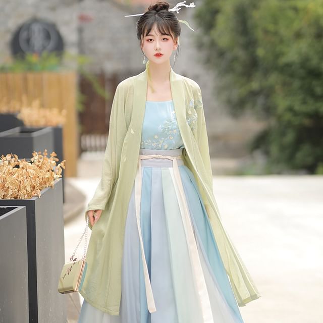 Flower Embroidered Hanfu Robe / Camisole Top / High Waist Gradient Maxi Skirt / Set