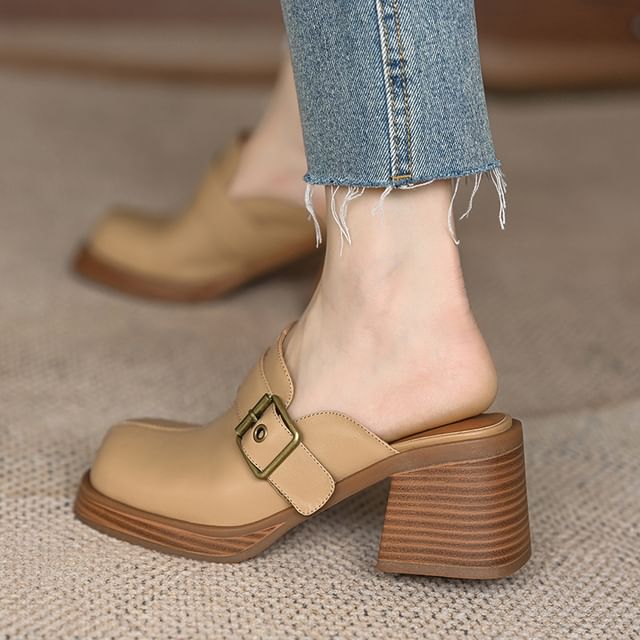 Block Heel Mules Buckled