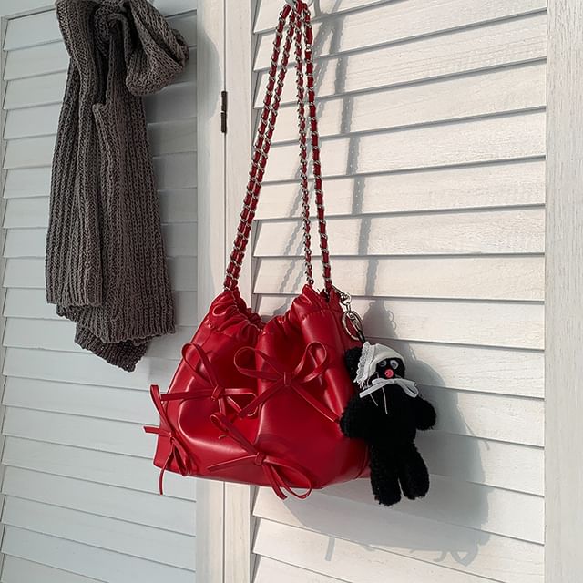 Bow Chain Leather Shoulder Faux Strap Bag