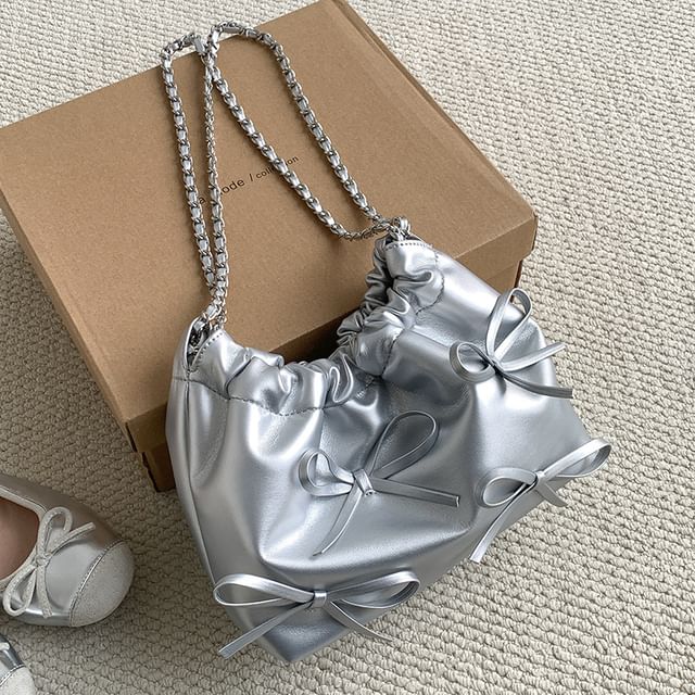 Bow Chain Leather Shoulder Faux Strap Bag