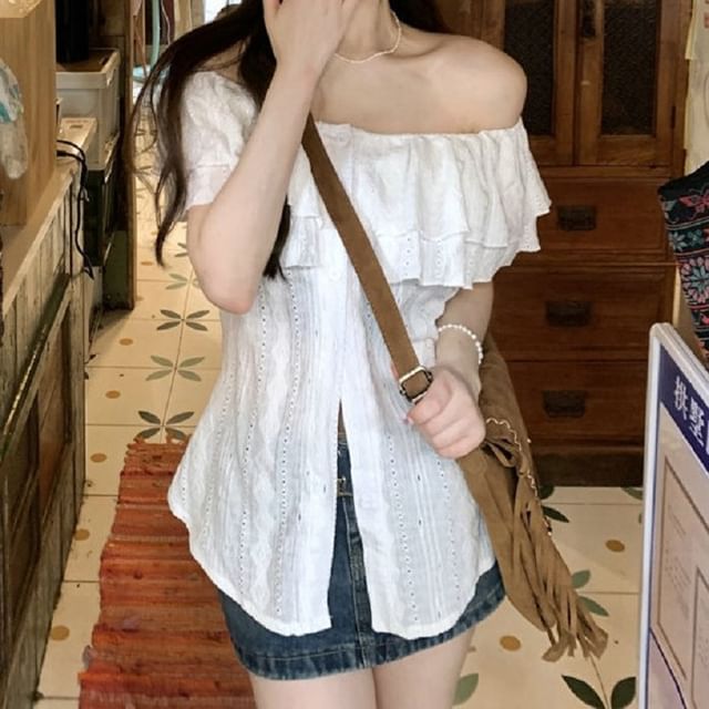 Plain Off Blouse Shoulder Short-Sleeve Ruffle