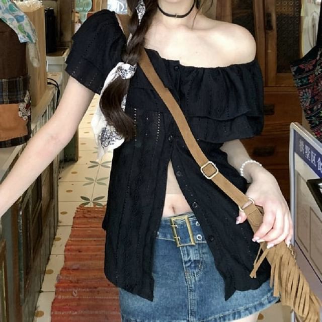 Plain Off Blouse Shoulder Short-Sleeve Ruffle