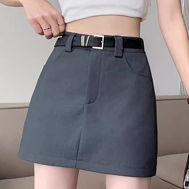 Plain Skirt Mini High Waist + Belt Set: A-Line