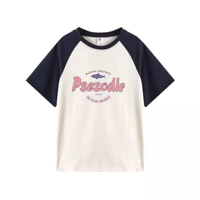 Elbow-Sleeve Round Neck Lettering Raglan Tee