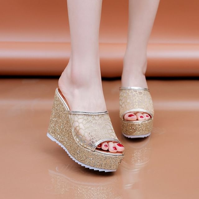 Plain Slide Sandals Wedge Glitter
