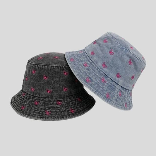 Denim Bucket Embroidered Bow Hat Washed