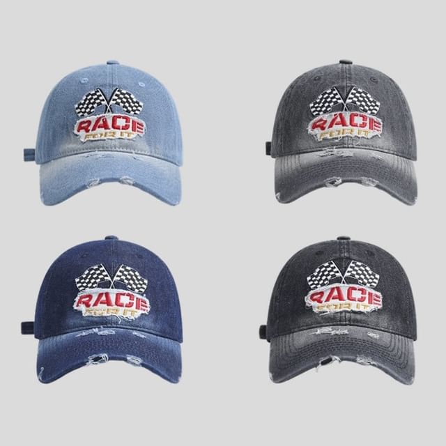 Washed Distressed Baseball Lettering Cap Embroidered Denim