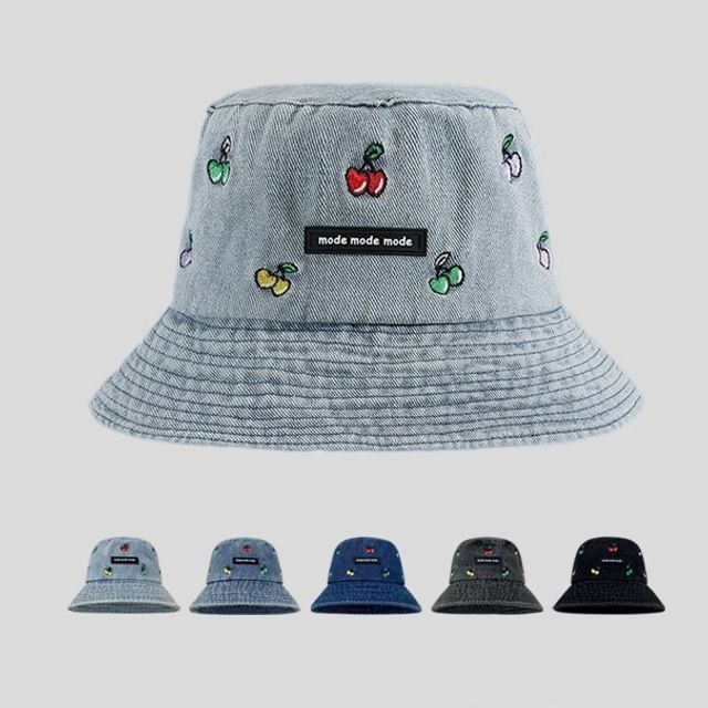 Embroidered Cherry Bucket Hat Denim Washed