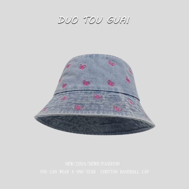 Denim Bucket Embroidered Bow Hat Washed
