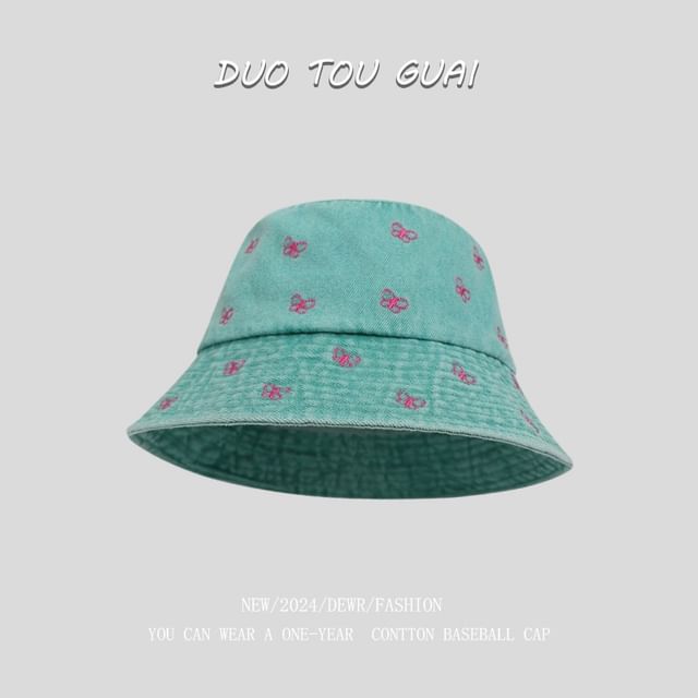 Denim Bucket Embroidered Bow Hat Washed