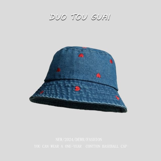 Washed Heart Bucket Denim Hat Embroidered