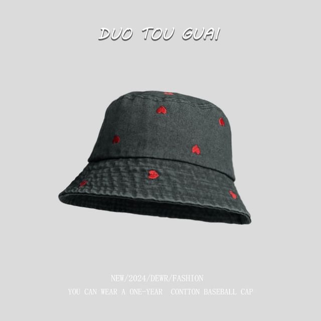 Washed Heart Bucket Denim Hat Embroidered