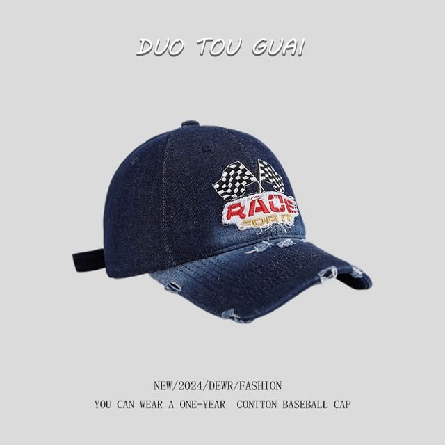 Washed Distressed Baseball Lettering Cap Embroidered Denim
