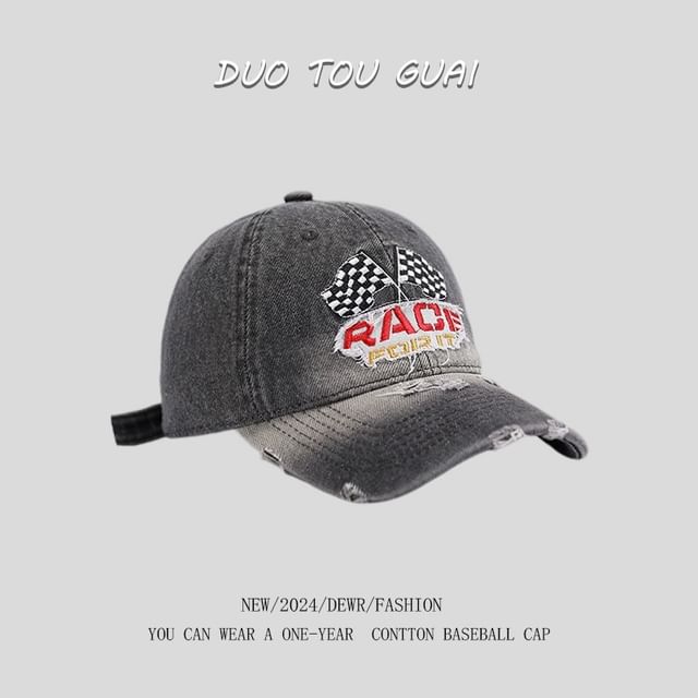 Washed Distressed Baseball Lettering Cap Embroidered Denim