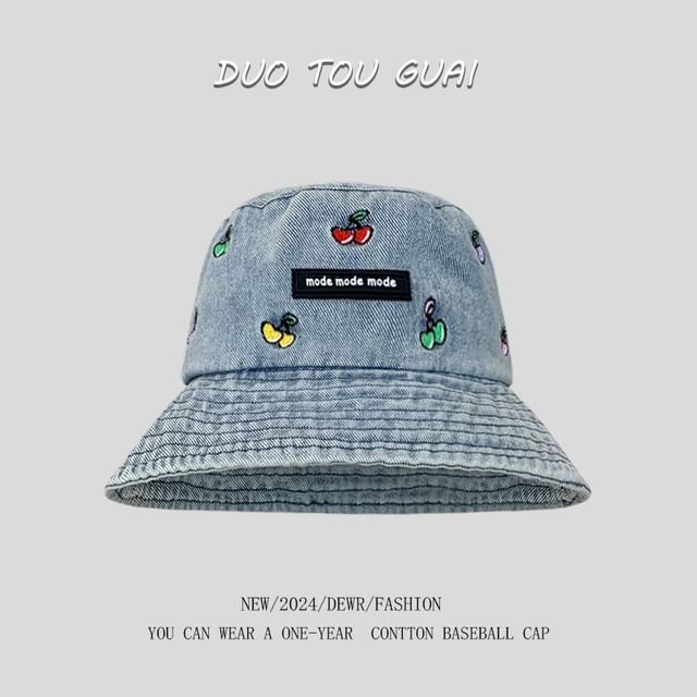 Embroidered Cherry Bucket Hat Denim Washed