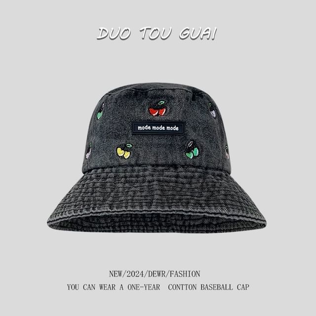 Embroidered Cherry Bucket Hat Denim Washed