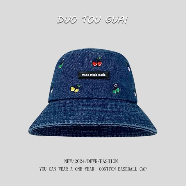 Embroidered Cherry Bucket Hat Denim Washed