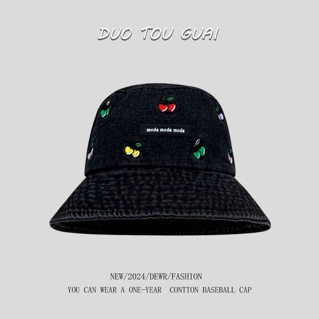 Embroidered Cherry Bucket Hat Denim Washed