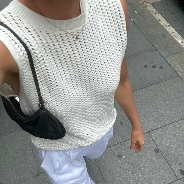Neck Knit Top Plain Round Sleeveless