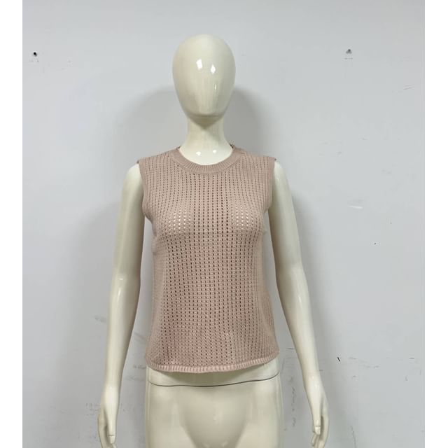 Neck Knit Top Plain Round Sleeveless