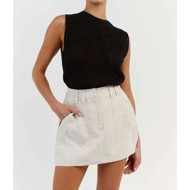 Neck Knit Top Plain Round Sleeveless