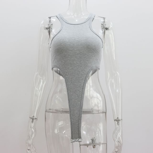 Sleeveless Plain Bodysuit Top Crew Neck