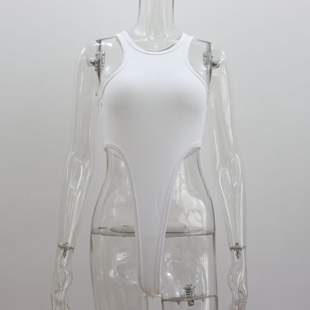 Sleeveless Plain Bodysuit Top Crew Neck