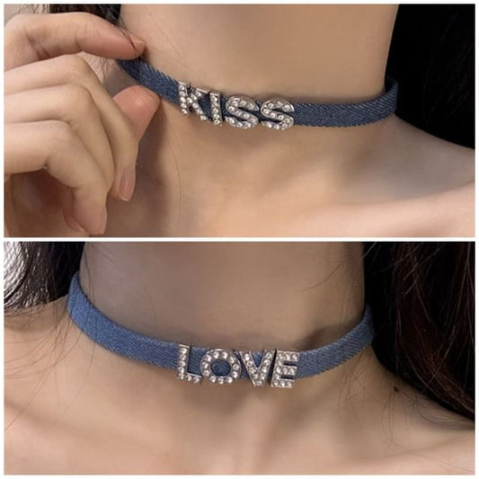 Rhinestone (Various Lettering Denim Designs) Choker