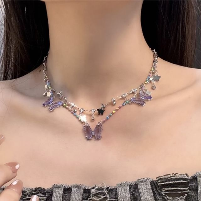 Crystal Faux Layered Necklace Butterfly Fringed