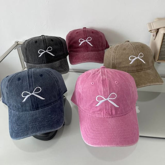 Washed Baseball Cap Bow Embroidered