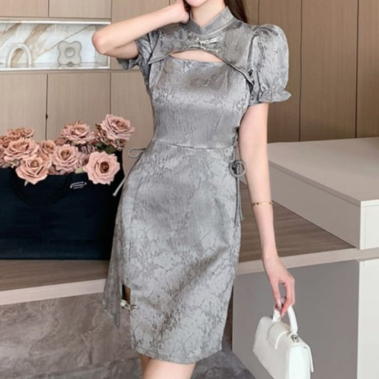 Puff-Sleeve Stand Collar Floral Jacquard Frog Buttoned Mini A-Line Dress