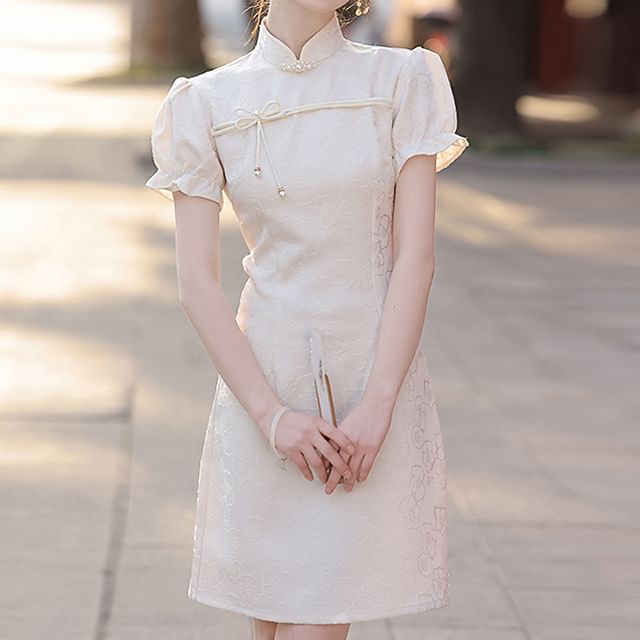 Puff-Sleeve Stand Collar Bow Mini A-Line Lace Dress